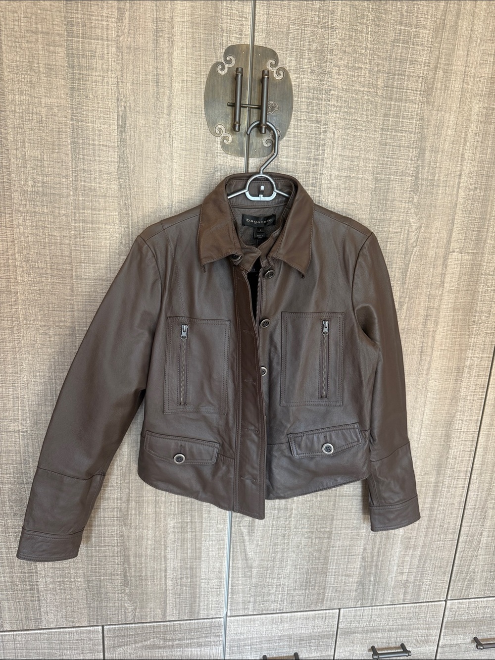 Bagatelle Leather Jacket with Removable Shirt Collar.